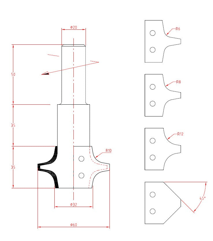 WP afrond bovenfrees Z=2 (incl. R10) (mogelijke radii R6,R8,R10,R12,45°)