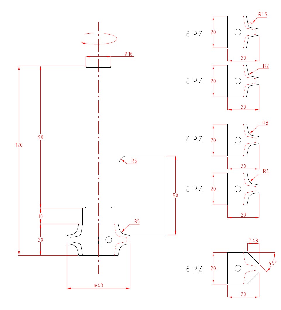 WP afrond bovenfrees Z=2 (incl. R1.5) (mogelijke radii R2,R3,R4,45°)